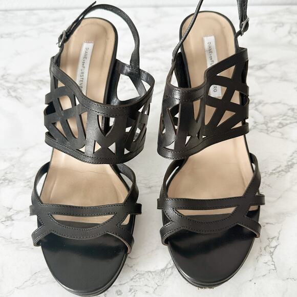 DVF Black Laser Cut Leather Stiletto Heel Open Toe Sandal Women’s Size 10 - Picture 5 of 13